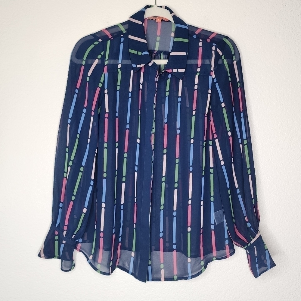 Modcloth Stripe Dot Semi Sheer Button Blouse S